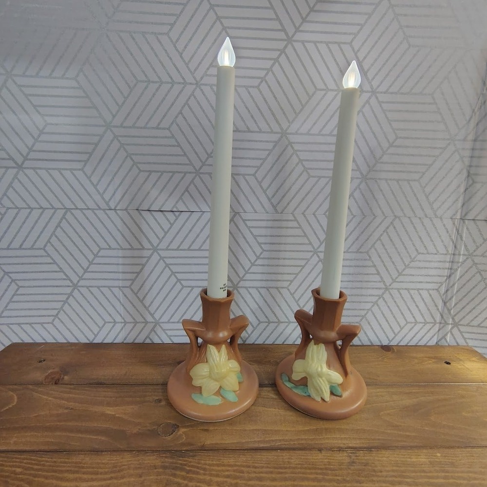 Roseville Pottery Clematis Brown Candlestick Holders #1159-412 MCM‎